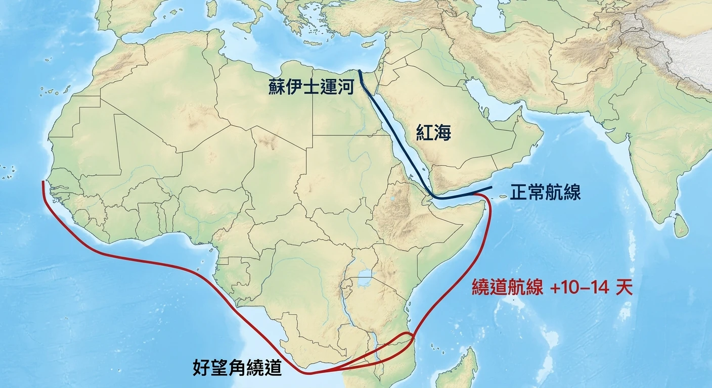 紅海危機對國際物流的影響 2026:繞道費用、交期延誤與台灣外銷因應策略 1 紅海與周邊地區地圖,標注三個地點:蘇伊士運河(北端,標籤:蘇伊士運河)、紅海主體區域(中段,標籤:紅海)、好望角(非洲最南端,標籤:好望角繞道);兩條航線路徑用不同顏色標示:一條為直線穿越紅海至蘇伊士(標籤:正常航線),另一條為繞行非洲南端(標籤:繞道航線 +10–14 天),整張圖除上述五個標籤外不得出現任何其他文字或標題