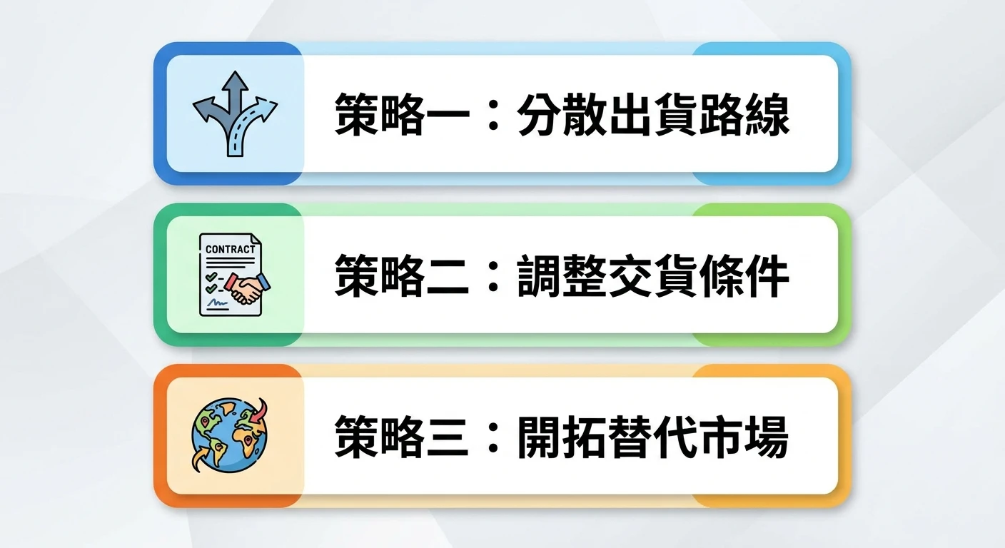 紅海危機對國際物流的影響 2026:繞道費用、交期延誤與台灣外銷因應策略 3 台灣外銷廠商三種因應策略示意圖,三個垂直排列的策略卡片:第一張卡片顯示文字「策略一:分散出貨路線」、第二張顯示文字「策略二:調整交貨條件」、第三張顯示文字「策略三:開拓替代市場」,每張卡片左側有簡單圖示(第一張為分岔路圖示、第二張為合約圖示、第三張為地球圖示),恰好三張卡片、各不相同,整張圖除上述三個策略文字與圖示外不得出現任何其他標題或文字