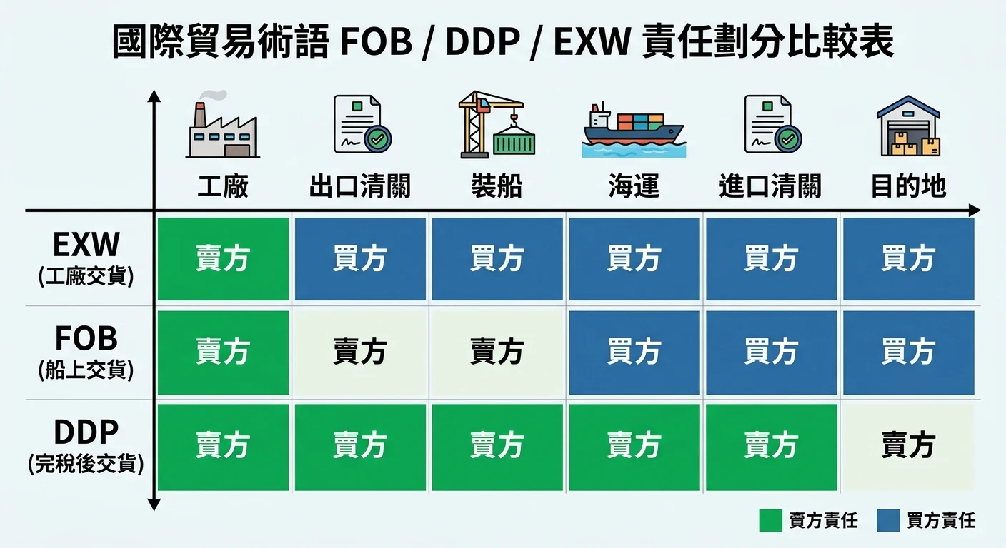 RFQ 詢盤完整指南 2026:從意思、流程到範本一次搞懂 3 Incoterms FOB/DDP/EXW三種貿易術語責任劃分比較表,橫軸為運輸流程節點(工廠→出口清關→裝船→海運→進口清關→目的地),縱軸為三種術語,各節點標示賣方/買方責任