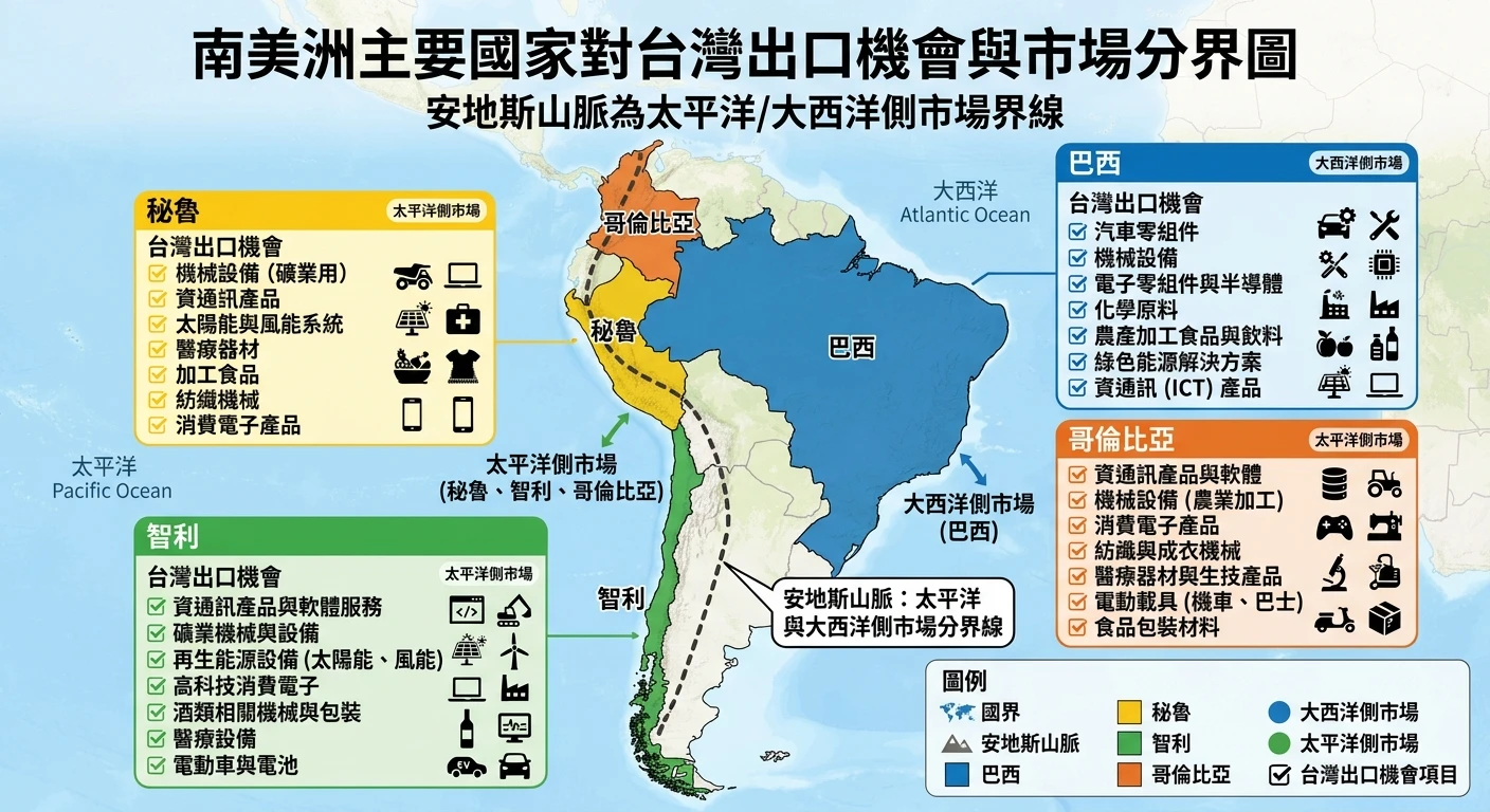 南美洲與日本市場開發 2026:新興消費市場與成熟市場的雙軌策略 1 南美洲主要國家地圖,標示巴西、秘魯、智利、哥倫比亞的台灣出口機會,安地斯山脈作為大西洋側/太平洋側市場分界線