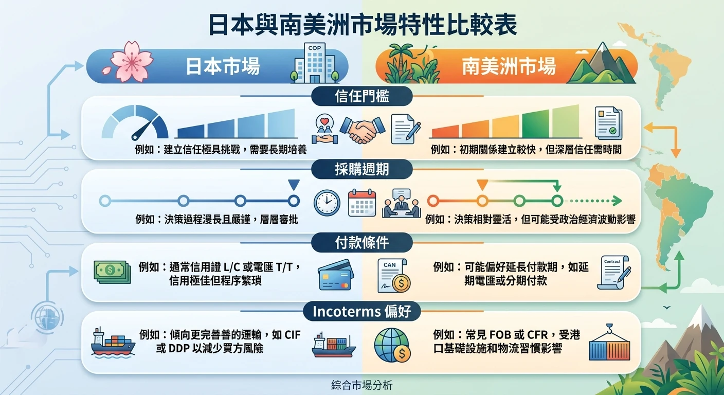 南美洲與日本市場開發 2026:新興消費市場與成熟市場的雙軌策略 2 日本 vs 南美洲市場特性比較表,顯示信任門檻、採購週期、付款條件、Incoterms 偏好四個維度的差異比較