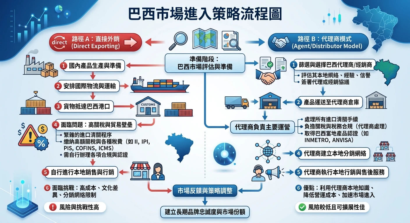 南美洲與日本市場開發 2026:新興消費市場與成熟市場的雙軌策略 3 巴西市場進入策略流程圖,顯示直接外銷(高關稅壁壘)vs 代理商模式(代理商負責清關稅務合規本地銷售)的兩條路線,搭配各步驟說明