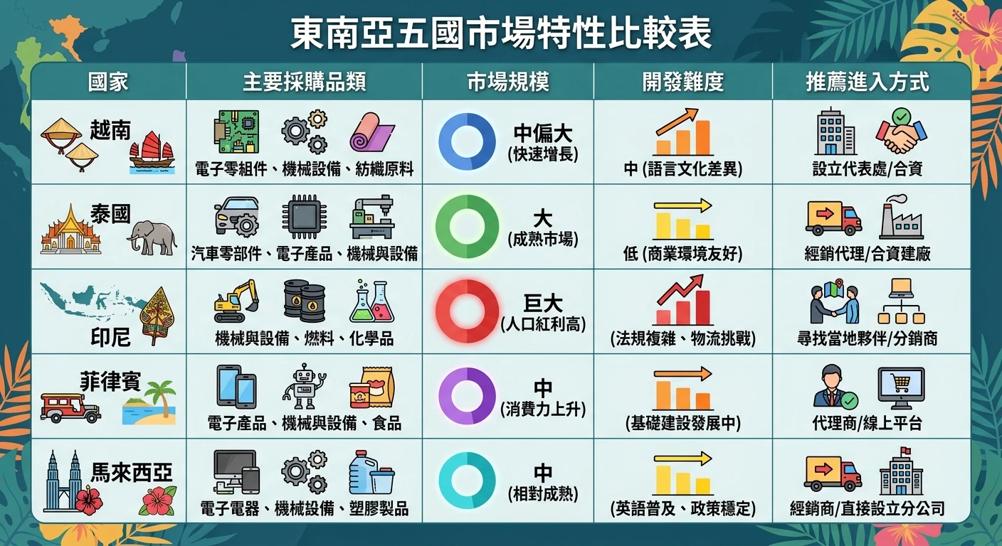 東南亞市場開發 2026:台灣外銷廠商進入東南亞的完整指南 1 東南亞五國市場特性比較表資訊圖,越南、泰國、印尼、菲律賓、馬來西亞各自的主要採購品類、市場規模、開發難度與推薦進入方式