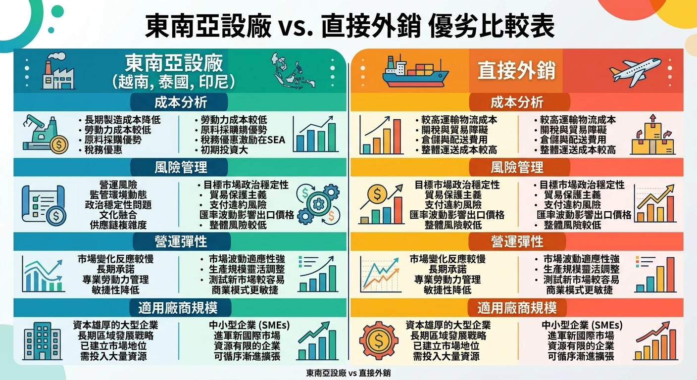 東南亞市場開發 2026:台灣外銷廠商進入東南亞的完整指南 3 東南亞設廠 vs 直接外銷優劣比較表,雙欄對比顯示設廠(越南、泰國、印尼)和直接外銷在成本、風險、彈性、適用廠商規模上的差異