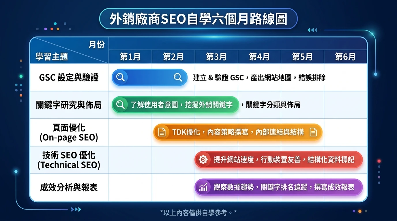 SEO 自學完整指南 2026:課程推薦、學習路徑與外銷廠商入門地圖 1 外銷廠商SEO自學六個月路線圖,甘特圖格式,橫軸為月份(第1-6月),縱軸為學習主題(GSC設定/關鍵字研究/On-page優化/技術SEO/成效分析),每個月的主要任務以色塊標示