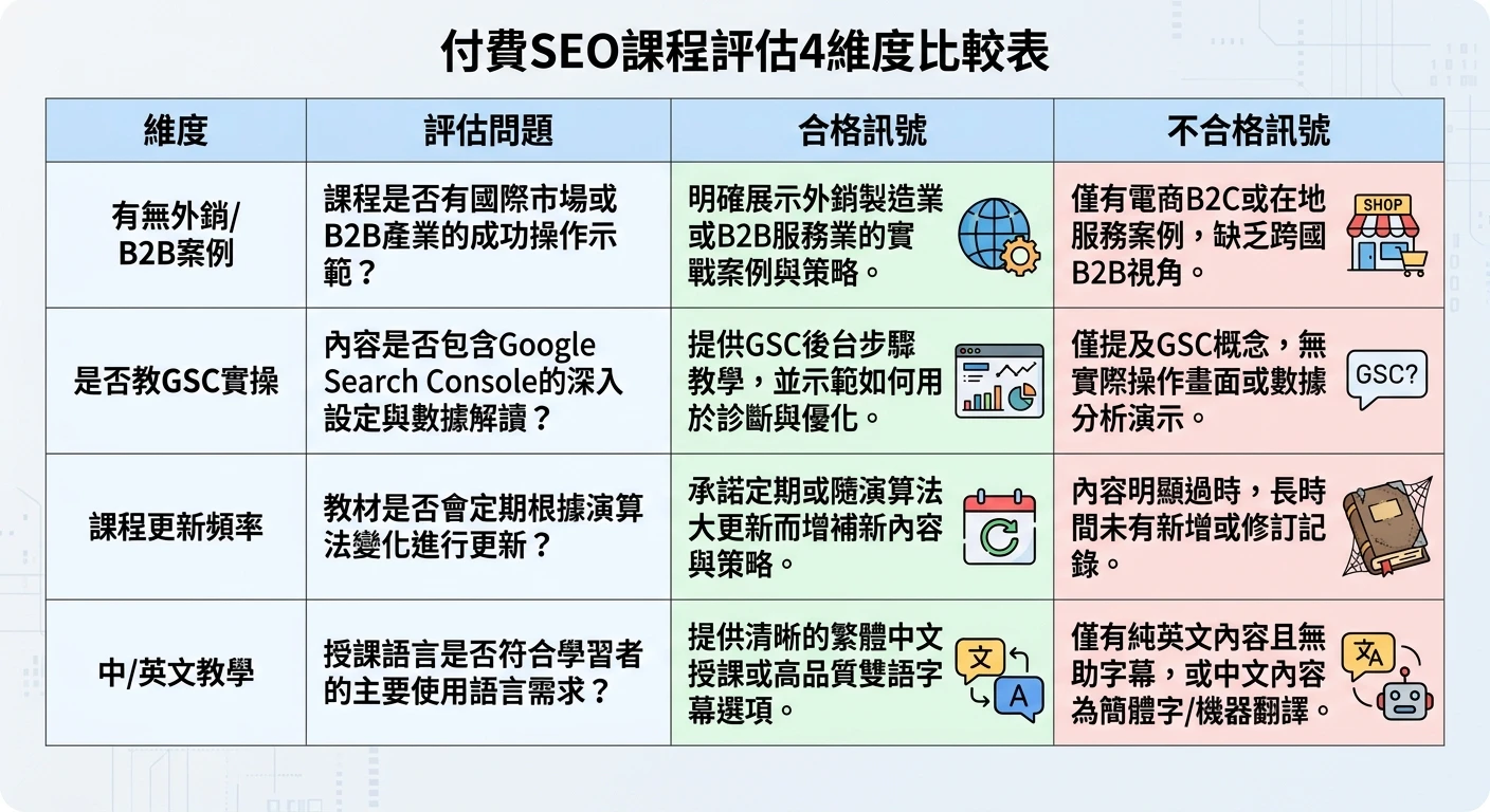 SEO 自學完整指南 2026:課程推薦、學習路徑與外銷廠商入門地圖 2 付費SEO課程評估4維度比較表,呈現有無外銷/B2B案例、是否教GSC實操、課程更新頻率、中/英文教學4個維度,每個維度有評估問題和合格/不合格訊號對照