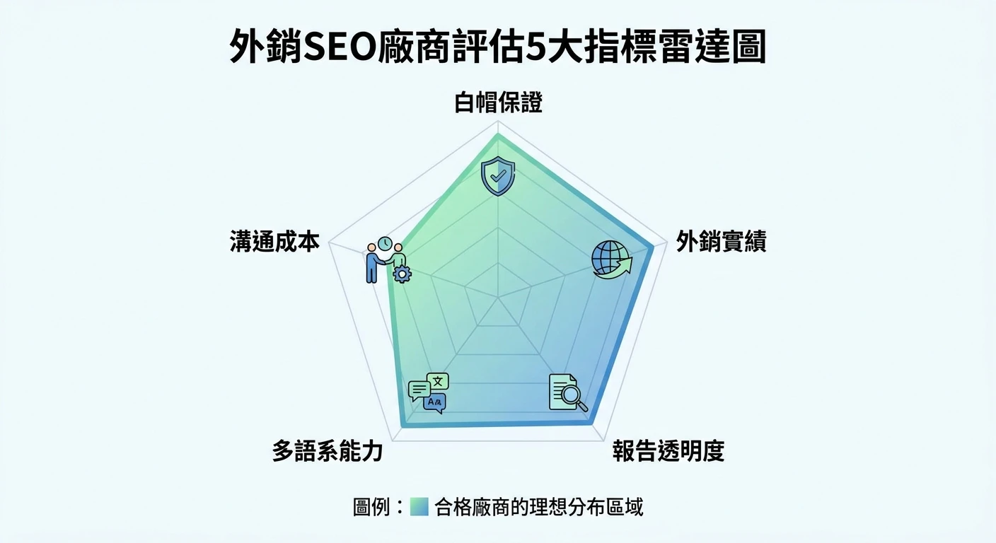 外銷 SEO 委外服務費用指南 2026:廠商怎麼選、費用怎麼看 2 外銷SEO廠商評估5大指標雷達圖,五個維度標示為白帽保證、外銷實績、報告透明度、多語系能力、溝通成本,並標示合格廠商的理想分布區域