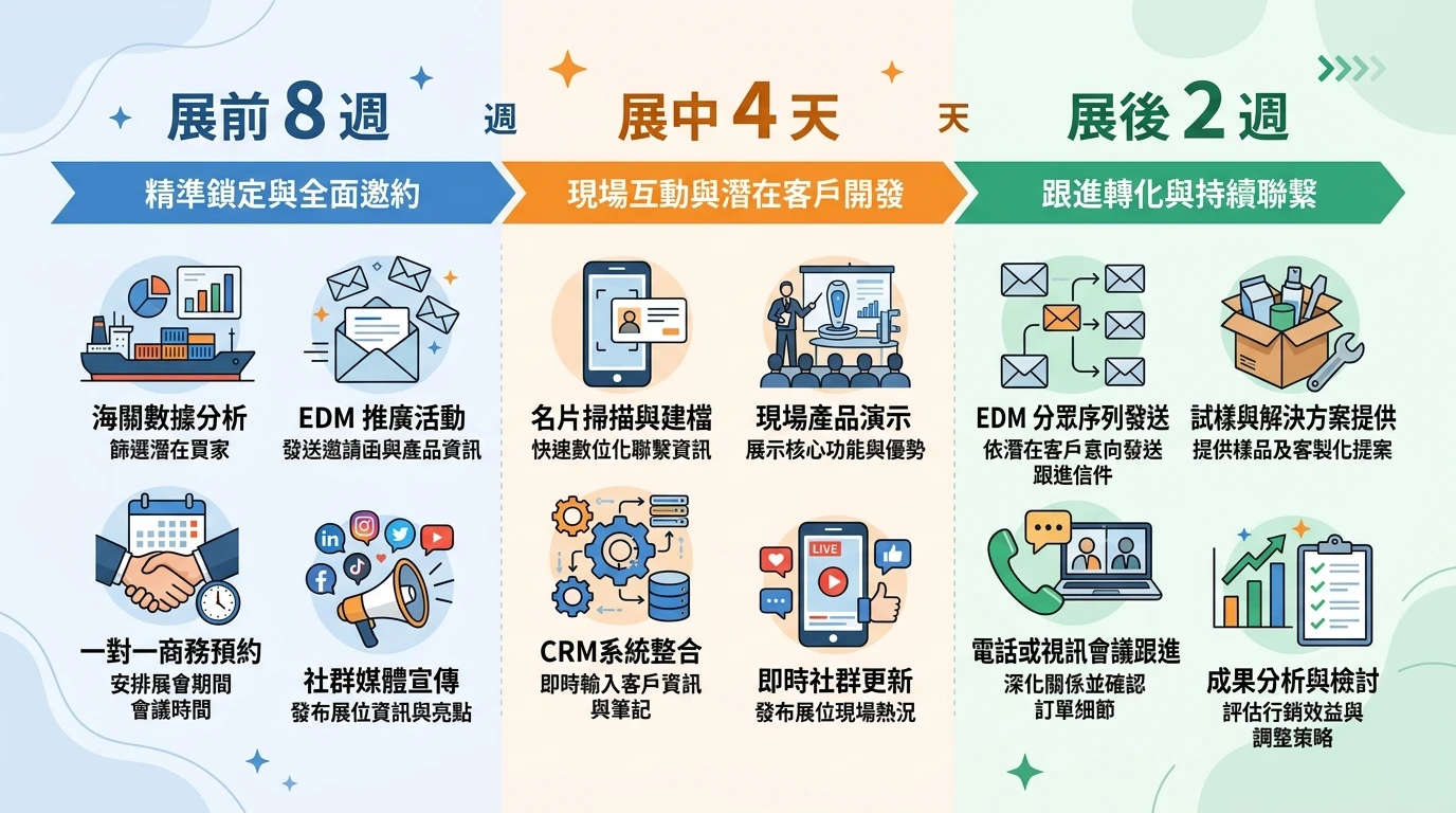 展覽行銷三段式 SOP 2026:展前 8 週到展後跟進的完整執行清單與 ROI 試算 1 展覽行銷三段式時間軸,橫向呈現「展前 8 週」(海關數據/預約)、「展中 4 天」(名片掃描/CRM)、「展後 2 週」(EDM 序列/試樣),三段以不同顏色標示,各段列出 3-4 個關鍵行動