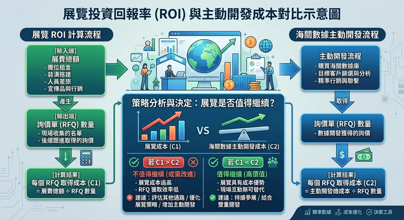 展覽行銷三段式 SOP 2026:展前 8 週到展後跟進的完整執行清單與 ROI 試算 2 展覽 ROI 計算示意圖,輸入端(展費總額)→ 輸出端(RFQ 數量)→ 計算結果(每個 RFQ 取得成本),並與海關數據主動開發的每 RFQ 成本對比,幫廠商決定展覽是否值得繼續