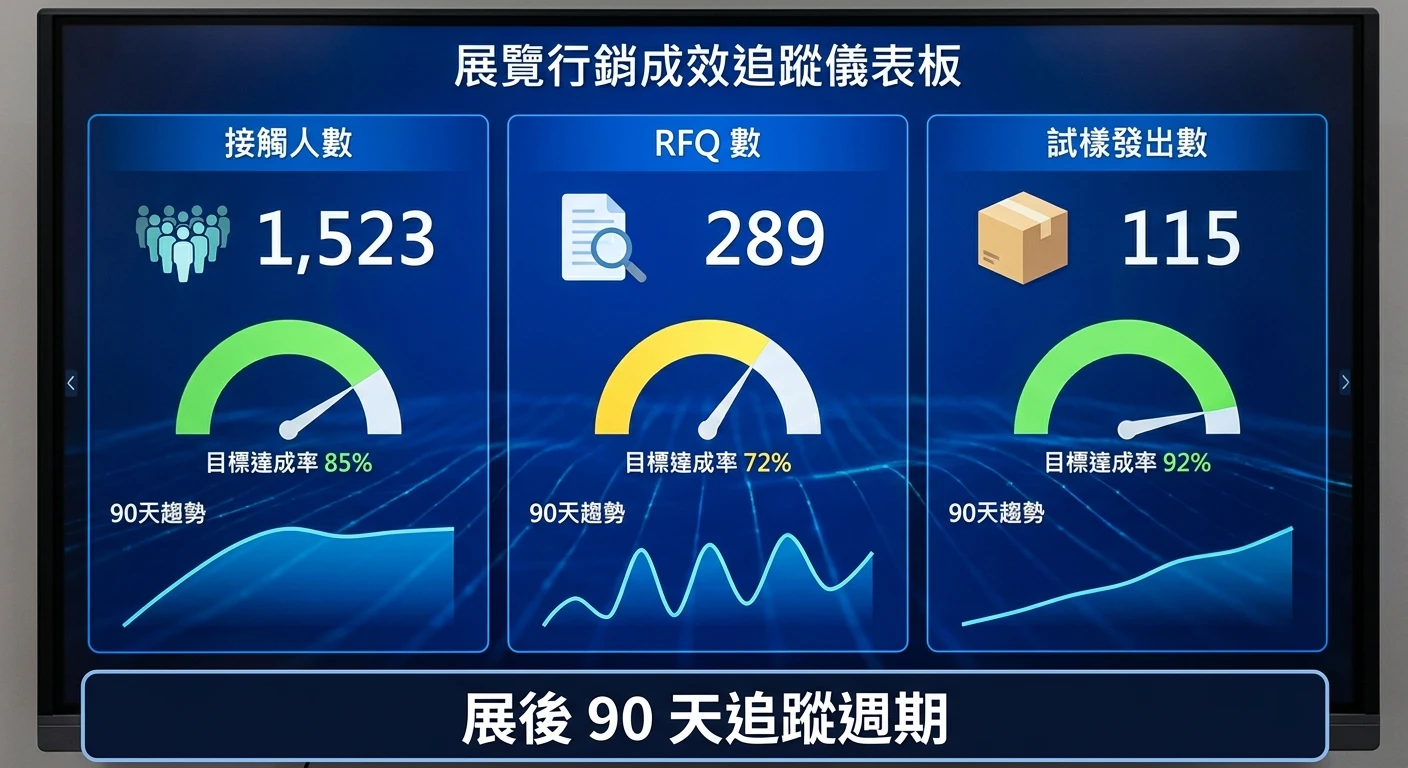 展覽行銷三段式 SOP 2026:展前 8 週到展後跟進的完整執行清單與 ROI 試算 3 展覽行銷成效追蹤儀表板示意圖,顯示接觸人數/RFQ 數/試樣發出數三個 KPI 指標,以儀表板格式呈現,底部標示「展後 90 天追蹤週期」
