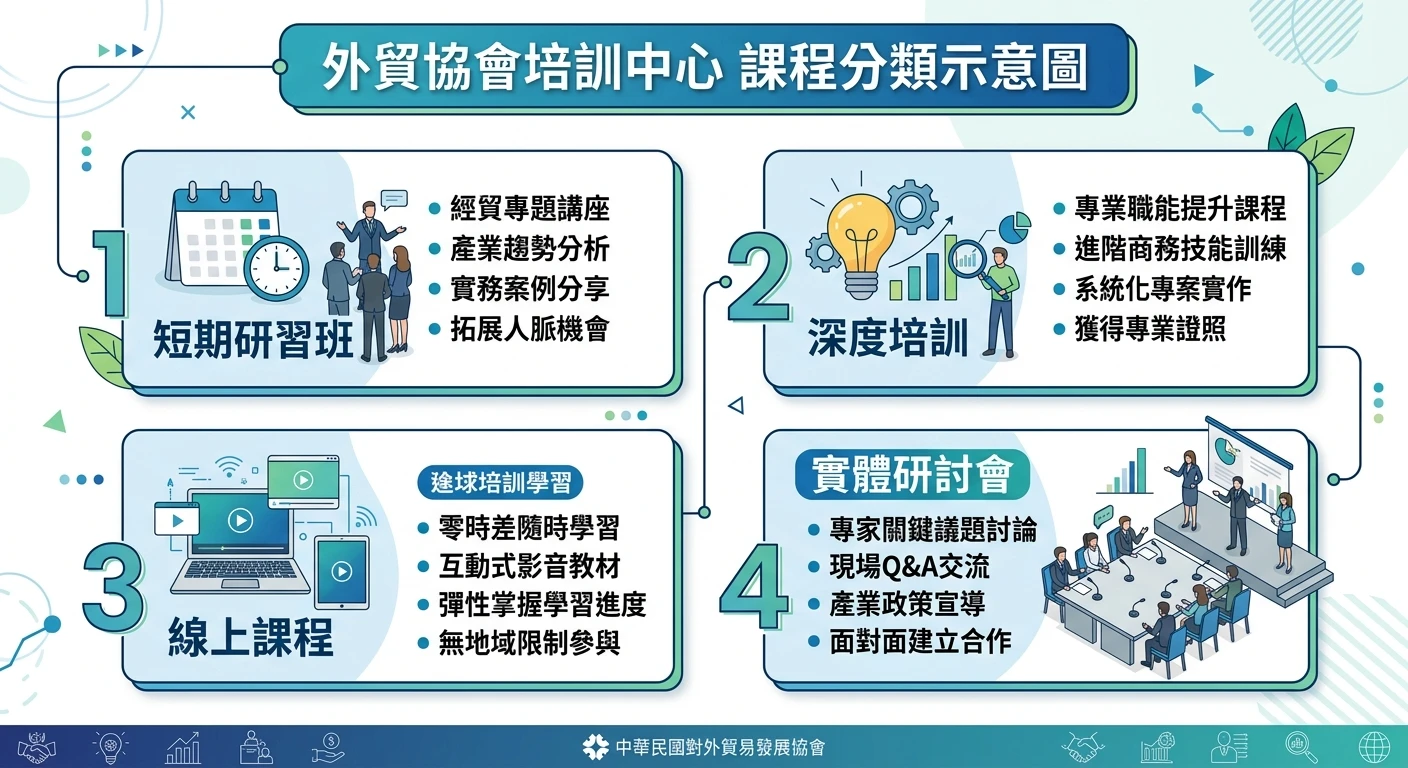 外貿協會培訓中心課程分類示意圖,四個方塊代表課程類型:短期研習班、深度培訓、線上課程、實體研討會,各有圖示說明,整體為清單格式 infographic,藍綠配色