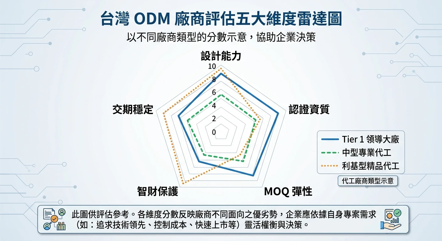 台灣 ODM 廠商怎麼找?2026 完整選廠指南與合約注意事項 1 台灣 ODM 廠商評估五大維度雷達圖,五角形頂點分別標示「設計能力」「認證資質」「MOQ 彈性」「智財保護」「交期穩定」,以不同廠商類型的分數示意,商務色系