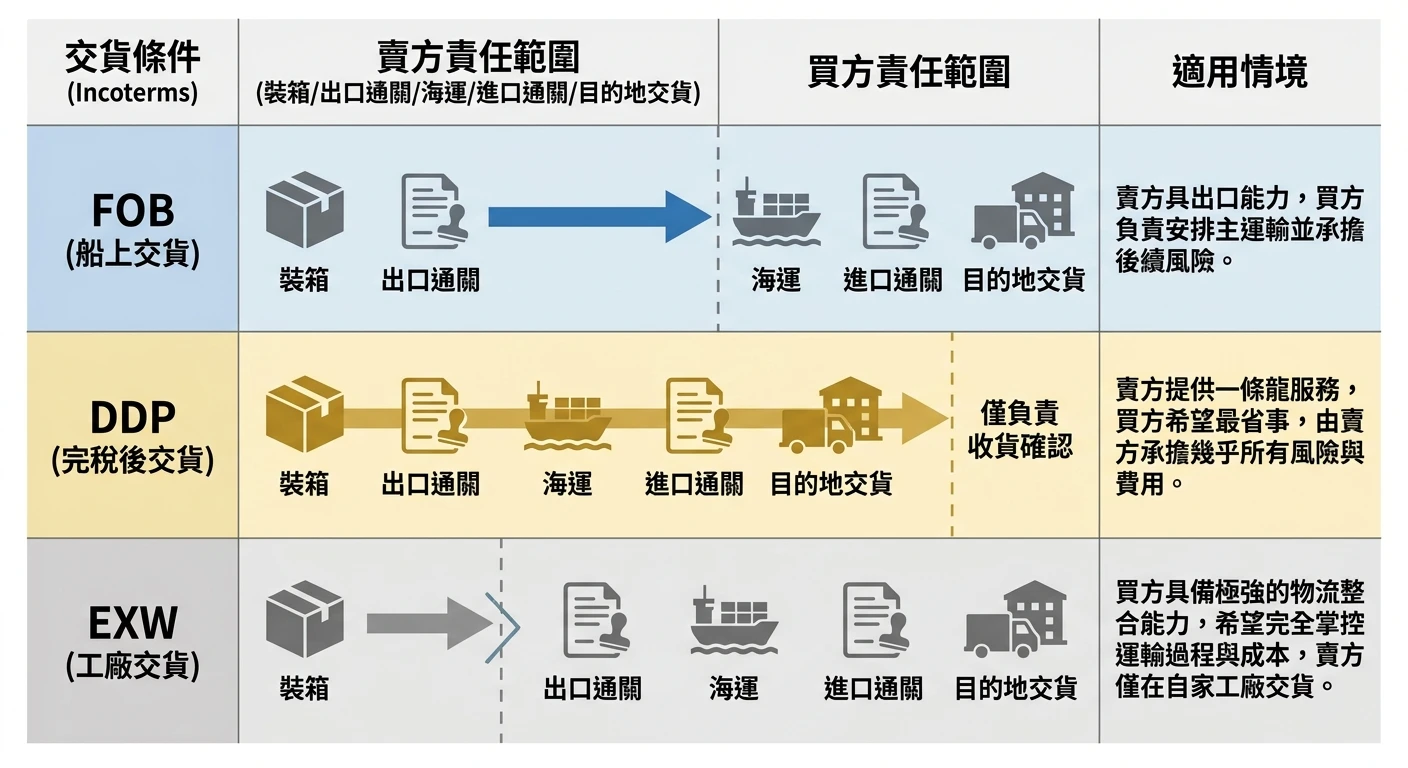 台灣 ODM 廠商怎麼找?2026 完整選廠指南與合約注意事項 2 Incoterms FOB / DDP / EXW 三種交貨條件比較表,三欄橫向對比,分別標出賣方責任範圍(裝箱/出口通關/海運/進口通關/目的地交貨)、買方責任範圍、適用情境,以箭頭標示責任分界點,商務色系