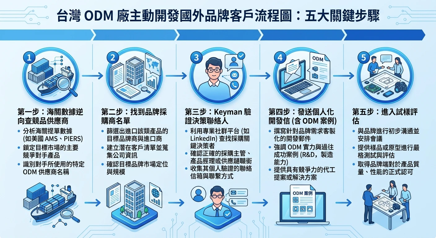 台灣 ODM 廠商怎麼找?2026 完整選廠指南與合約注意事項 3 台灣 ODM 廠主動開發國外品牌客戶流程圖,五步驟從左到右:海關數據逆向查競品供應商 → 找到品牌採購商名單 → Keyman 驗證決策聯絡人 → 發送個人化開發信(含 ODM 案例) → 進入試樣評估,每步以圖示說明,藍色系流程圖