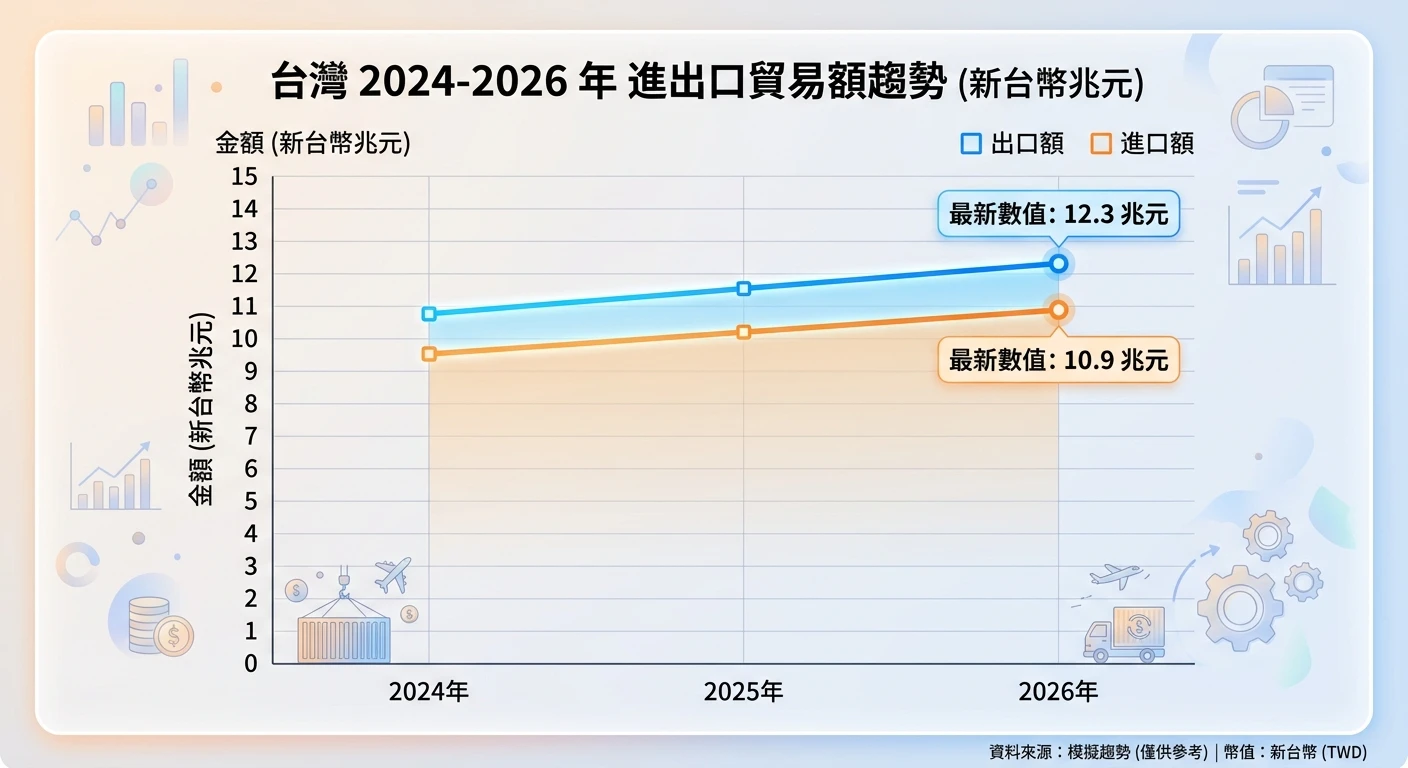 台灣進出口數據查詢指南 2026:統計資料解讀與外銷應用 1 台灣 2024-2026 年進出口貿易額趨勢折線圖,以年為橫軸、新台幣兆元為縱軸,呈現出口額(藍線)與進口額(橘線)的年度趨勢,並在 2026 年加注最新數值