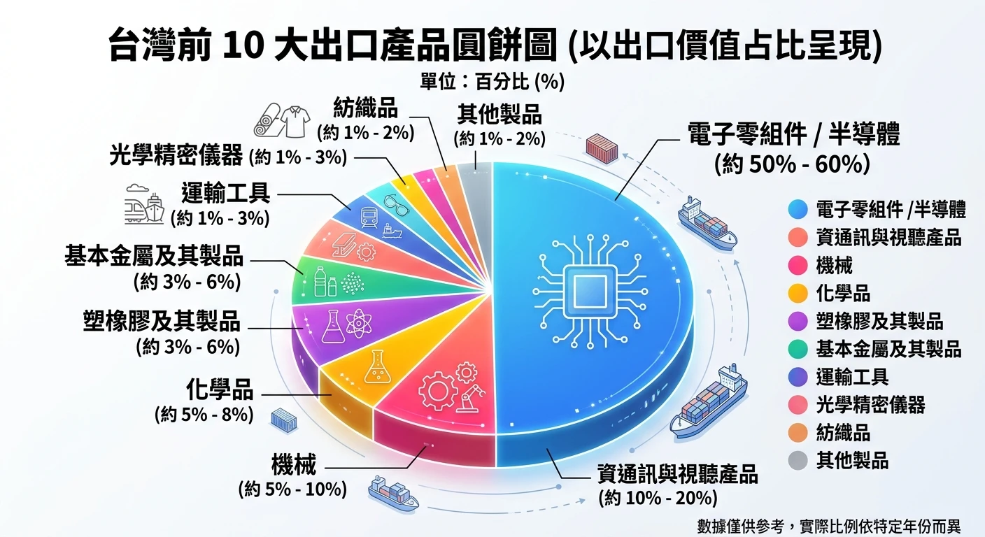 台灣進出口數據查詢指南 2026:統計資料解讀與外銷應用 2 台灣前 10 大出口產品圓餅圖,以百分比呈現各品類占比,電子零件/半導體占最大份額,其次為資通訊產品、機械設備、化學品等,各切片標示品類名稱與百分比