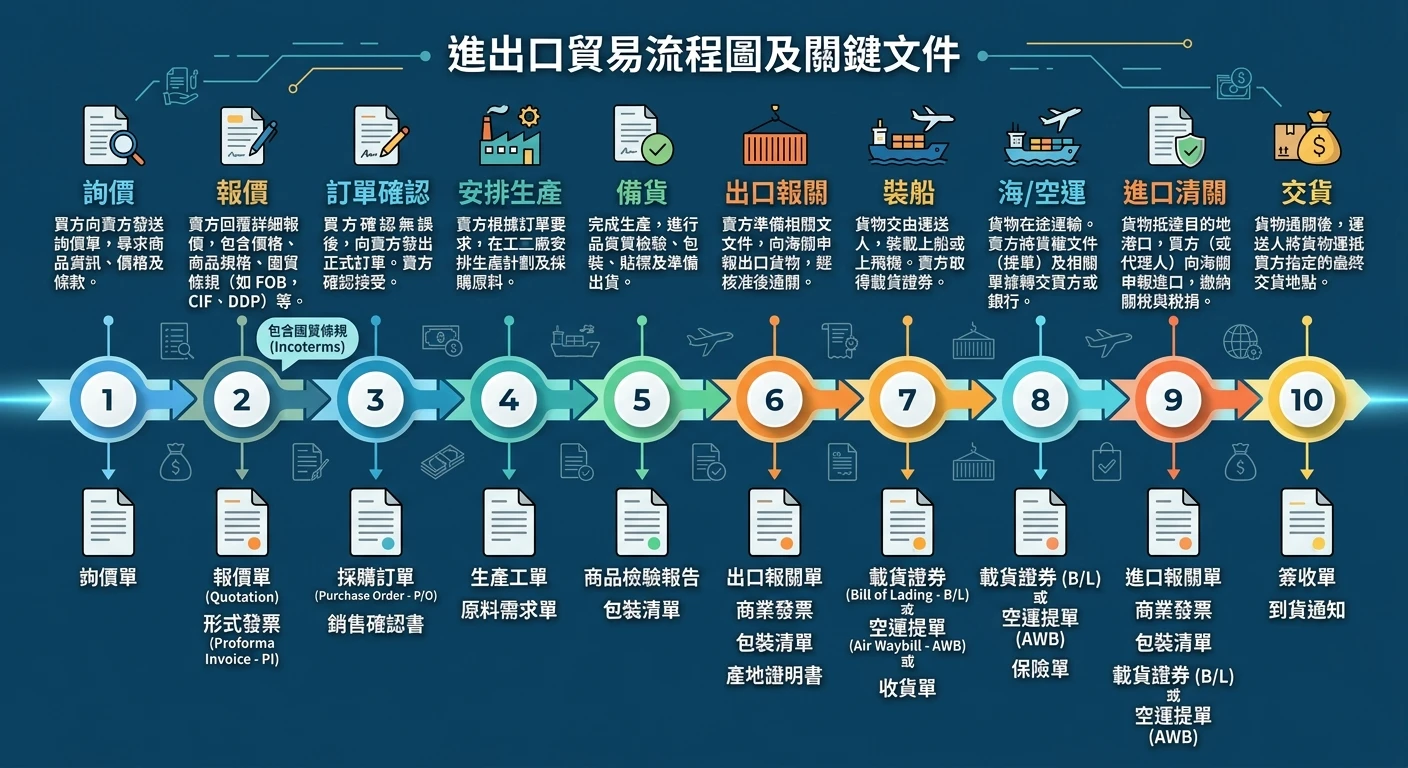 Incoterms 貿易條件完整指南 2026:FOB、DDP、EXW 一次搞懂|外銷必讀 2 進出口貿易流程圖,水平時間軸展示:詢價→報價(帶Incoterms)→訂單確認→安排生產→備貨→出口報關→裝船→海/空運→進口清關→交貨,各步驟標示所需關鍵文件(PI、P/O、B/L、Packing List等)