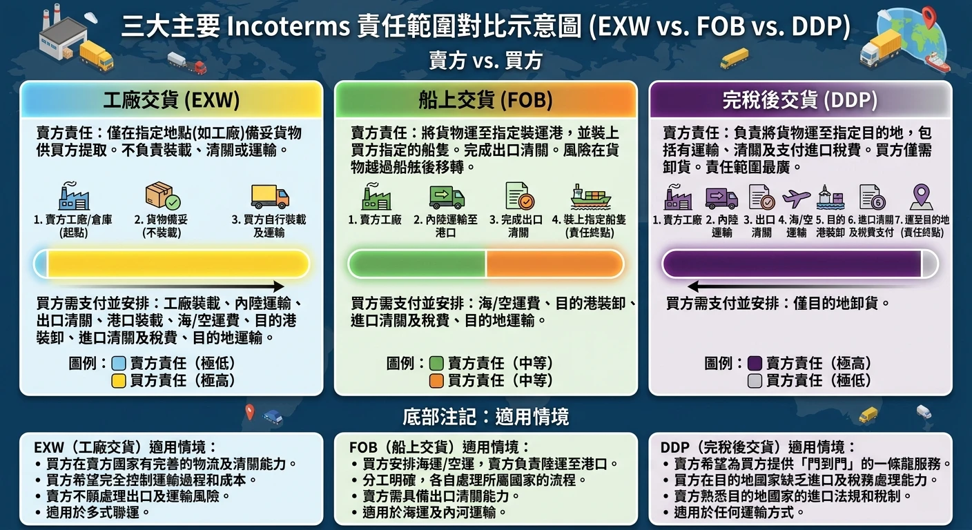 Incoterms 貿易條件完整指南 2026:FOB、DDP、EXW 一次搞懂|外銷必讀 1 FOB vs DDP vs EXW 三大 Incoterms 責任範圍對比示意圖,以三欄格式並排:左欄EXW(賣方只在工廠備貨,其餘全部買方)、中欄FOB(賣方至裝運港船上,之後買方)、右欄DDP(賣方負責到底含稅),每欄用顏色深淺直觀顯示賣方承擔比例,底部注記適用情境