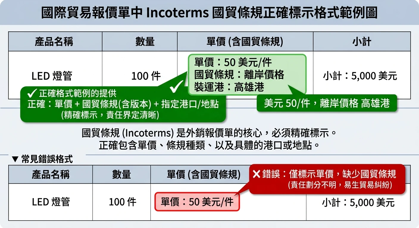 Incoterms 貿易條件完整指南 2026:FOB、DDP、EXW 一次搞懂|外銷必讀 3 外銷報價單中 Incoterms 正確標示格式範例圖,顯示報價單上的 Incoterms 標示欄位(Unit Price + Incoterms + Port of Loading),以範例「USD 50/pcs, FOB Kaohsiung Port」對比常見錯誤格式「USD 50/pcs」(缺少Incoterms),紅框標示錯誤、綠框標示正確格式