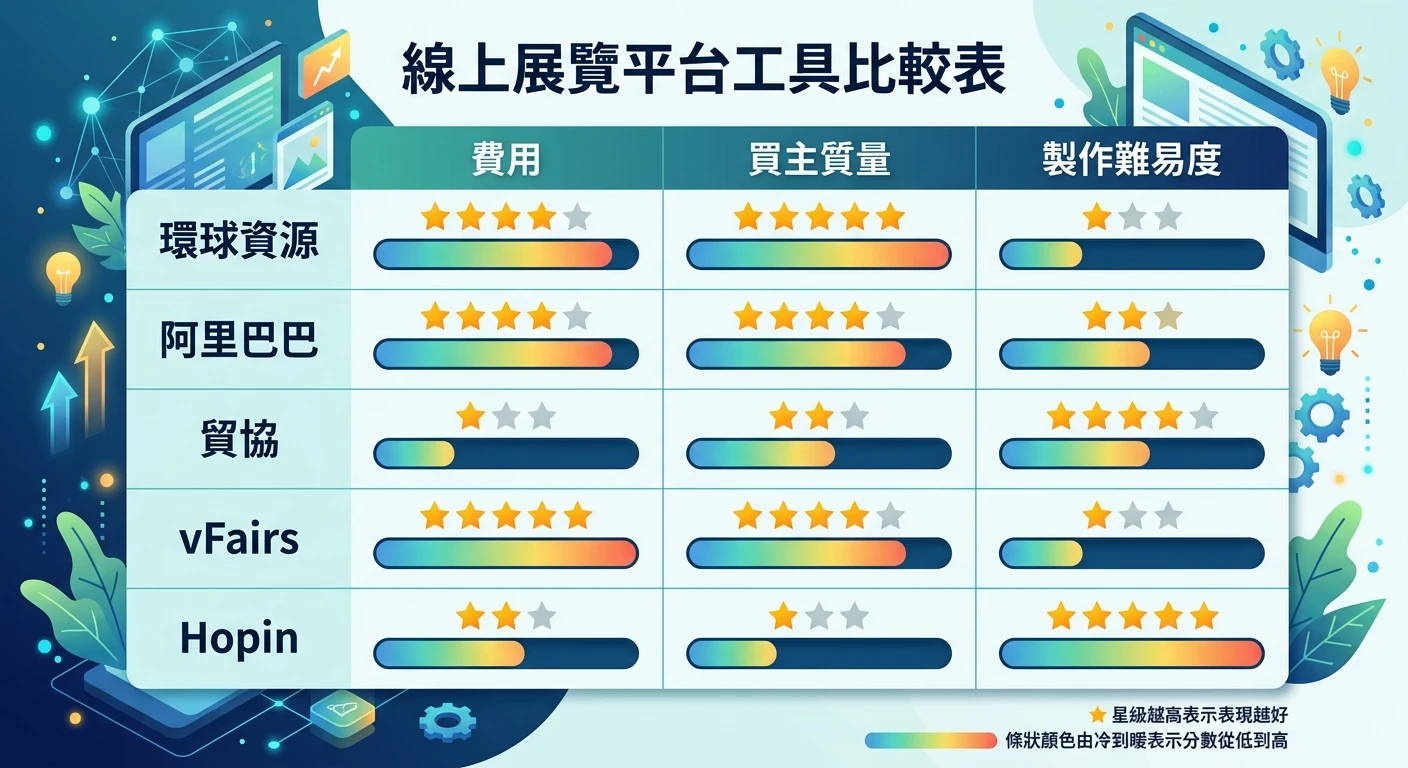 線上展覽平台比較 2026:免費製作工具與 B2B 替代方案完整評估 1 線上展覽平台 5 個工具比較表,縱行為平台名稱(Global Sources/阿里巴巴/TAITRA/vFairs/Hopin),橫行為費用/買主質量/製作難易度三個評估維度,以評分格(1-5 星)或條狀顏色表示