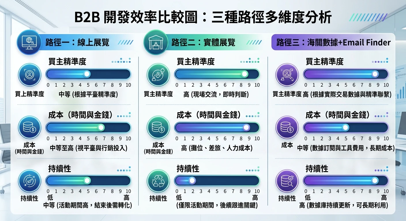 線上展覽平台比較 2026:免費製作工具與 B2B 替代方案完整評估 2 B2B 開發效率比較圖,比較三個路徑(線上展覽/實體展覽/海關數據+Email Finder)在買主精準度、成本、持續性三個維度的表現,以雷達圖或橫向比較條形圖呈現