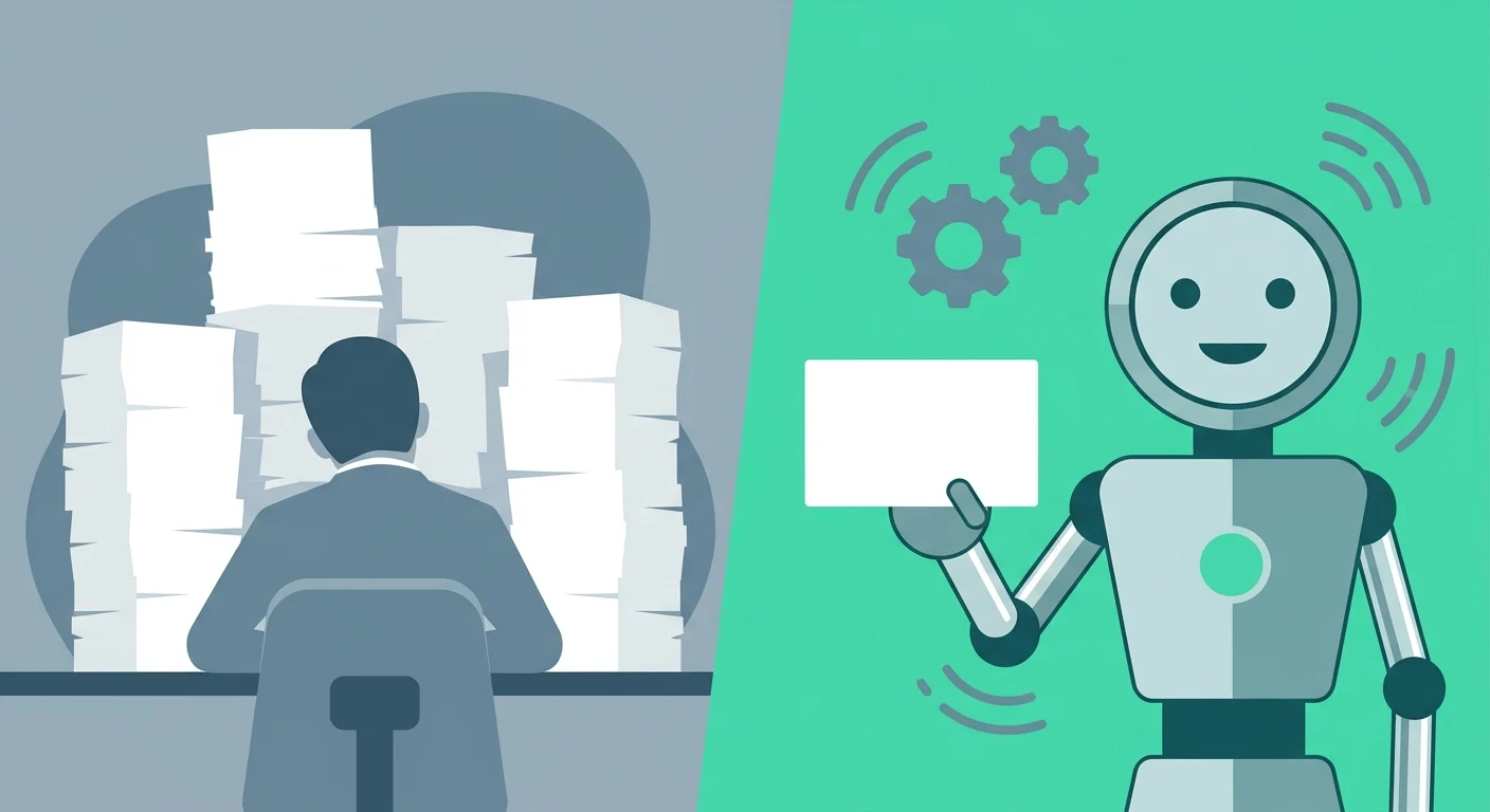 AI 找客戶完整指南 2026|AI Agent 自動開發外銷買主與開發信 3 左邊是面對成堆紙張的人,右邊是遞出一張空白卡片的機器人