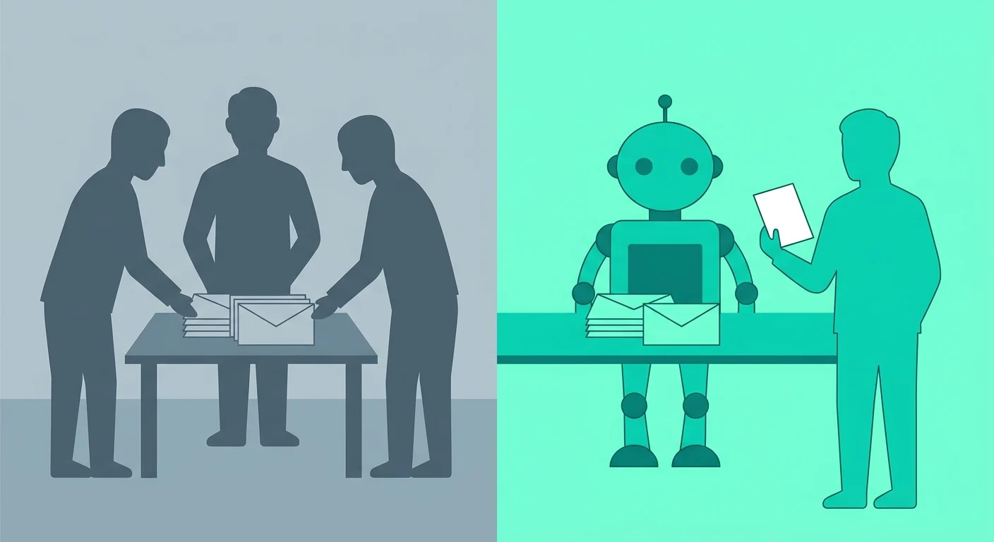 AI 代操服務 2026|用 AI Agent 開發客戶與人工代操的差別 1 左邊是幾個人圍著桌上的一疊信封,右邊是機器人處理信封、旁邊站著一個拿卡片的人