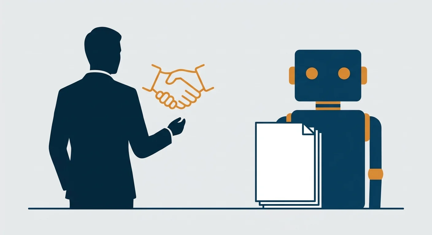業務 AI 化 2026|AI 能替外銷業務做什麼、業務會被取代嗎 2 業務人員與機器人並肩站立,機器人面前是一疊紙,業務人員面前是握手圖示