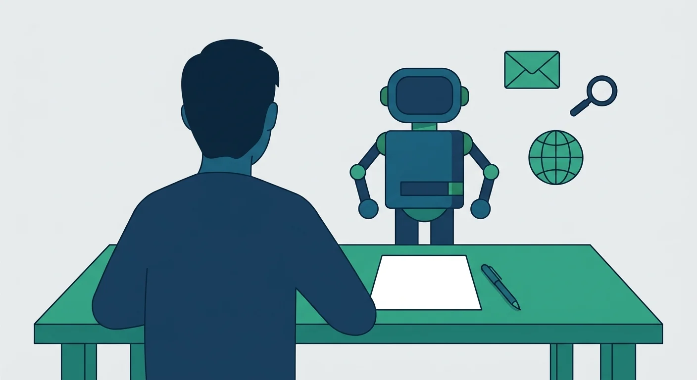 B2B 行銷代操指南 2026|外銷開發自己做、外包或交給 AI Agent 2 前方是坐在桌前的人,後方是機器人與信封、放大鏡、圓球圖示